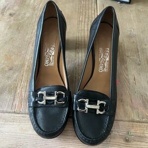 Salvatore Ferragamo Black Leather Loafers with Silver Hardware